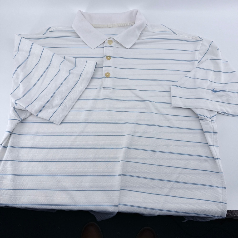 Nike Golf Dri Fit Polo Shirt Mens Size Large White Blue Stripe Short Sleeve